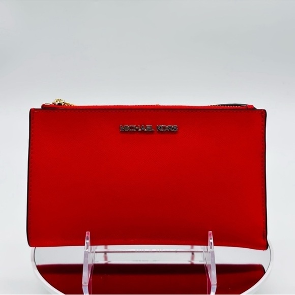 Michael Kors Large Double Zip Wallet Wristlet Red/Gold - Picture 1 of 9
